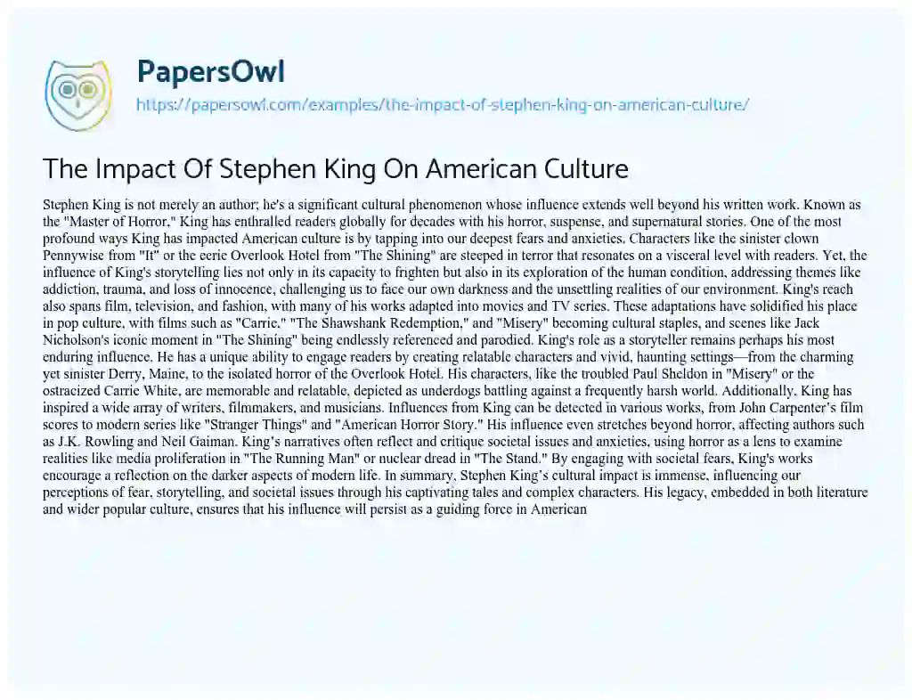 Essay on The Impact of Stephen King on American Culture
