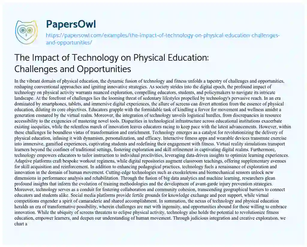 Essay on The Impact of Technology on Physical Education: Challenges and Opportunities
