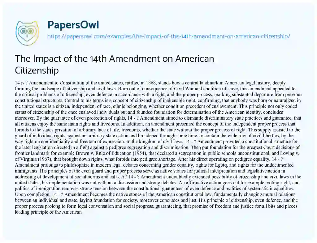 Essay on The Impact of the 14th Amendment on American Citizenship