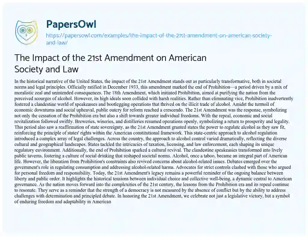 Essay on The Impact of the 21st Amendment on American Society and Law