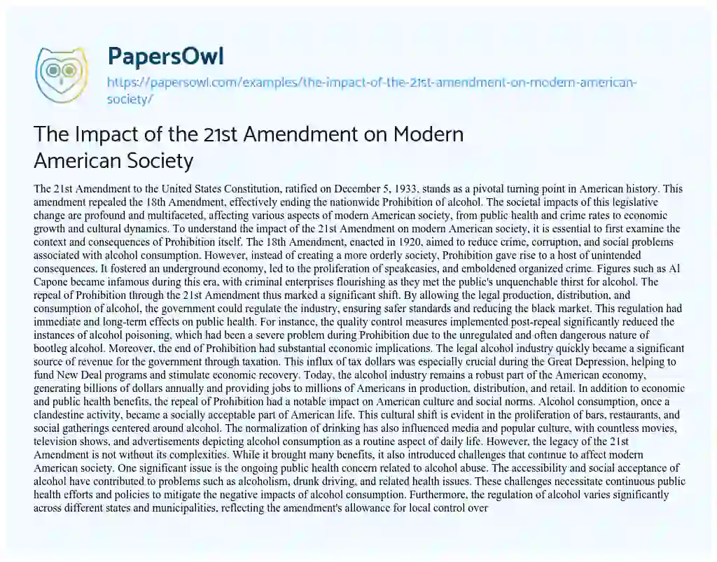Essay on The Impact of the 21st Amendment on Modern American Society