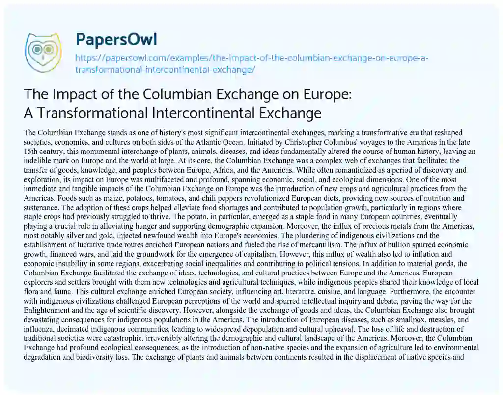 Essay on The Impact of the Columbian Exchange on Europe: a Transformational Intercontinental Exchange