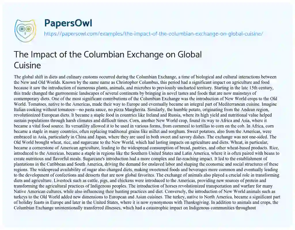 Essay on The Impact of the Columbian Exchange on Global Cuisine