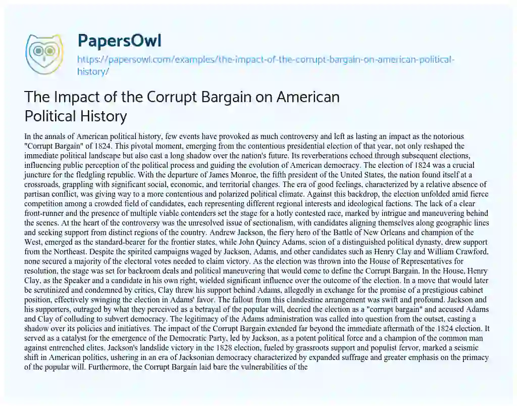 Essay on The Impact of the Corrupt Bargain on American Political History