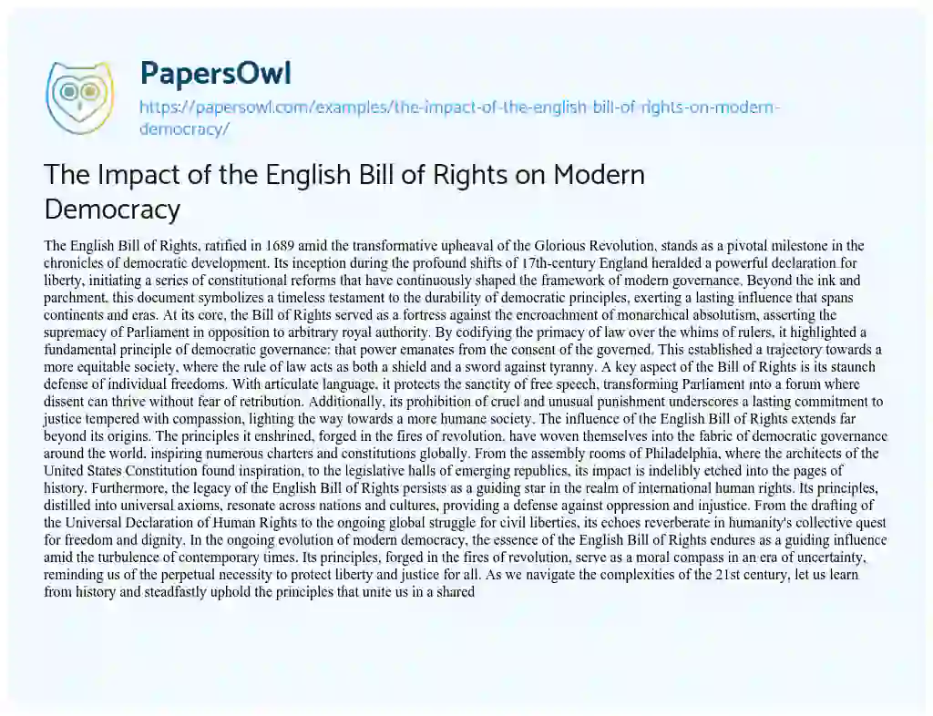 Essay on The Impact of the English Bill of Rights on Modern Democracy