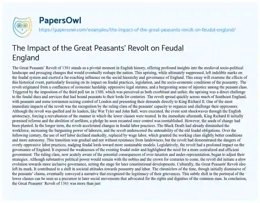 Essay on The Impact of the Great Peasants’ Revolt on Feudal England