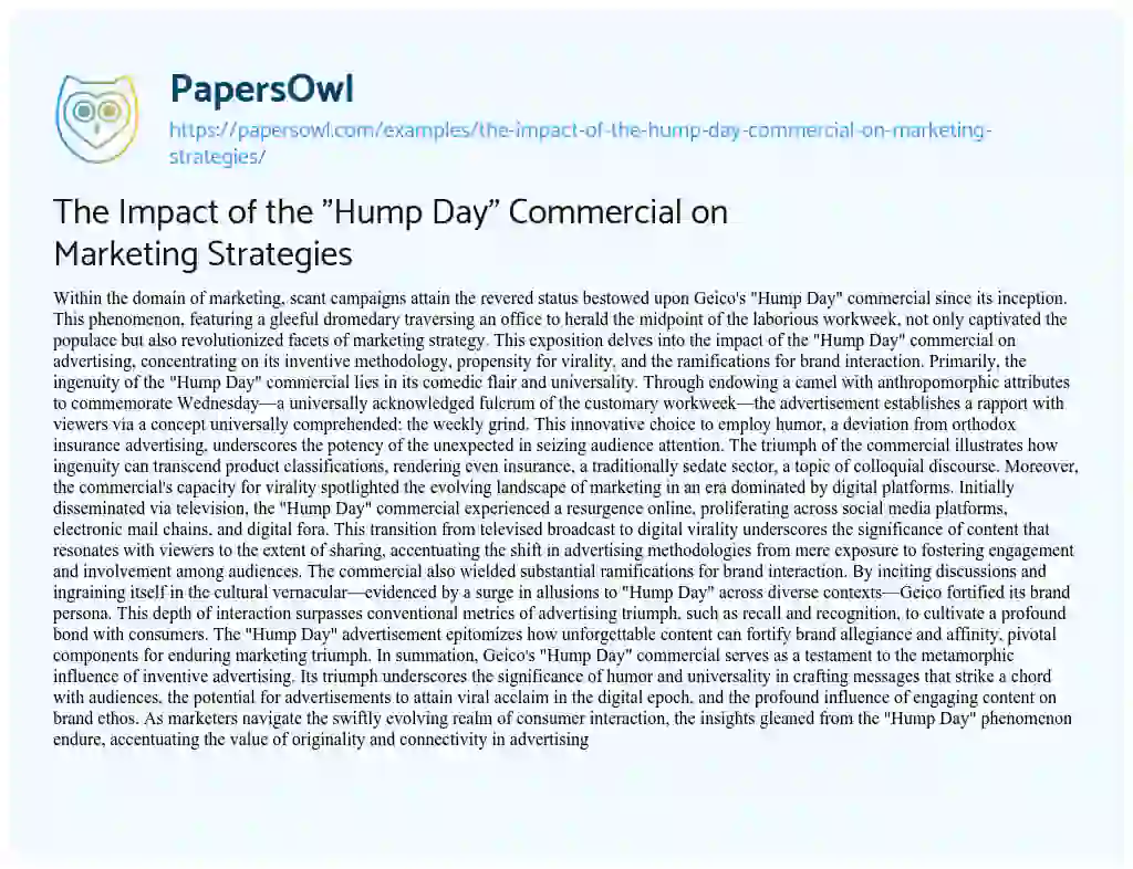 Essay on The Impact of the “Hump Day” Commercial on Marketing Strategies