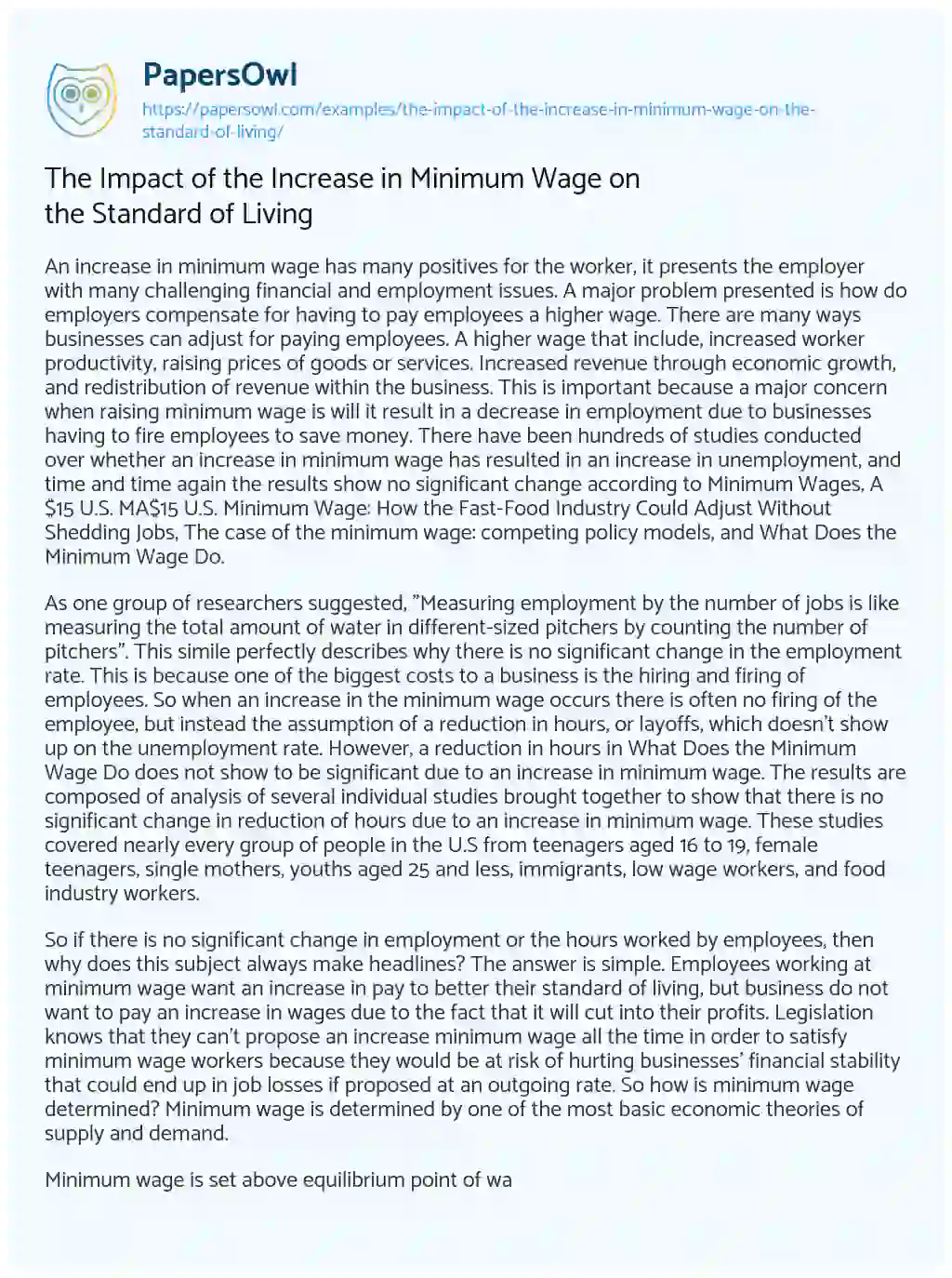 Essay on The Impact of the Increase in Minimum Wage on the Standard of Living