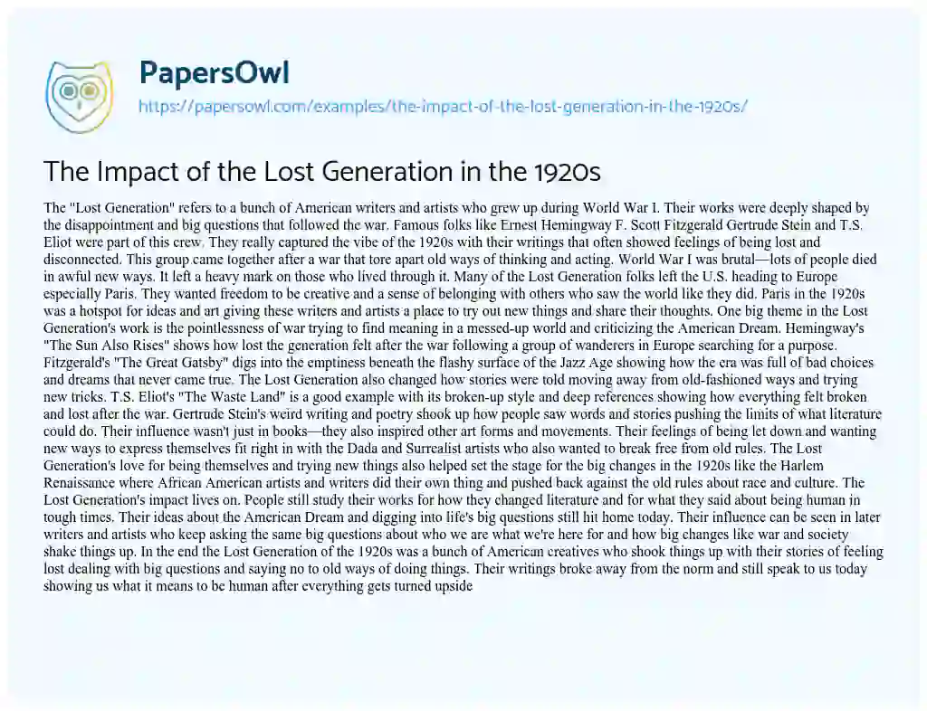 Essay on The Impact of the Lost Generation in the 1920s