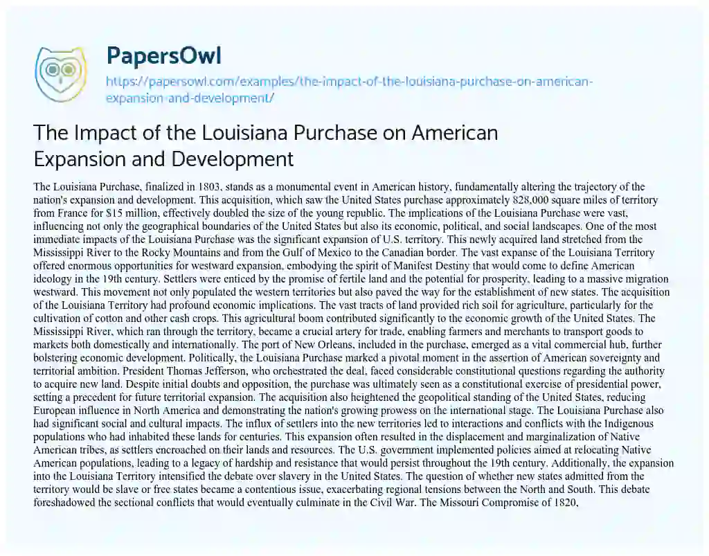 Essay on The Impact of the Louisiana Purchase on American Expansion and Development