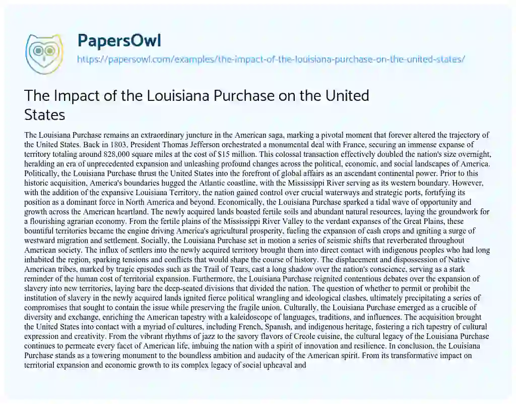 Essay on The Impact of the Louisiana Purchase on the United States