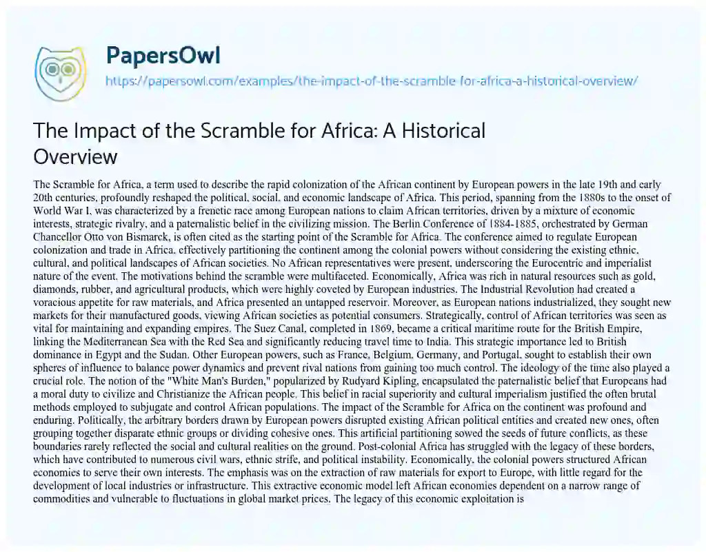 Essay on The Impact of the Scramble for Africa: a Historical Overview