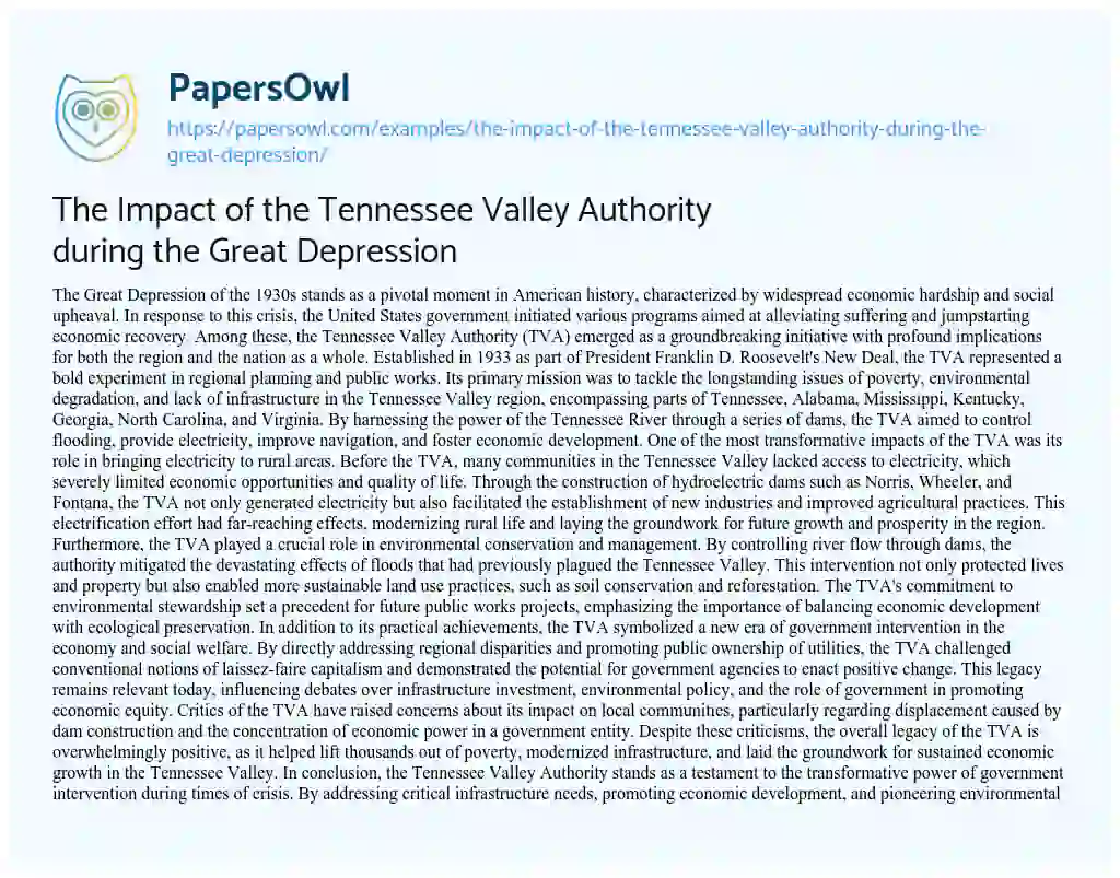 Essay on The Impact of the Tennessee Valley Authority during the Great Depression