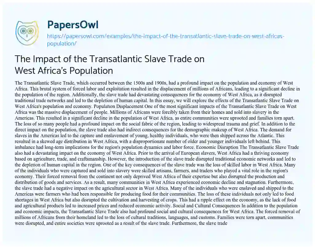 Essay on The Impact of the Transatlantic Slave Trade on West Africa’s Population