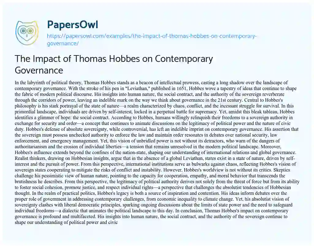 Essay on The Impact of Thomas Hobbes on Contemporary Governance