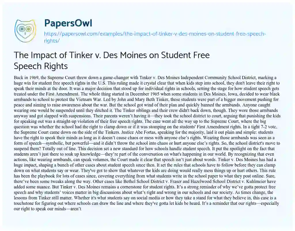 Essay on The Impact of Tinker V. Des Moines on Student Free Speech Rights