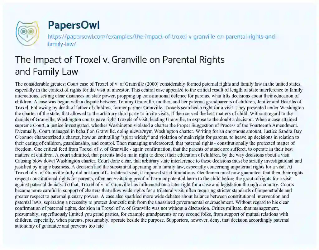 Essay on The Impact of Troxel V. Granville on Parental Rights and Family Law