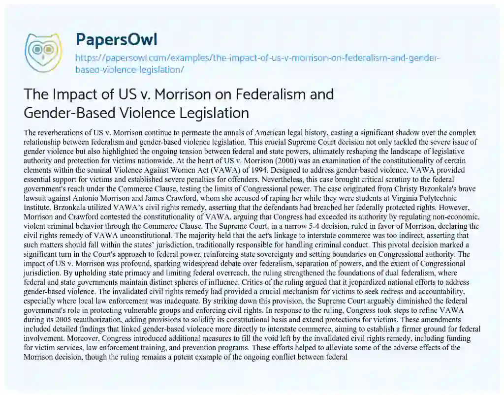 Essay on The Impact of US V. Morrison on Federalism and Gender-Based Violence Legislation
