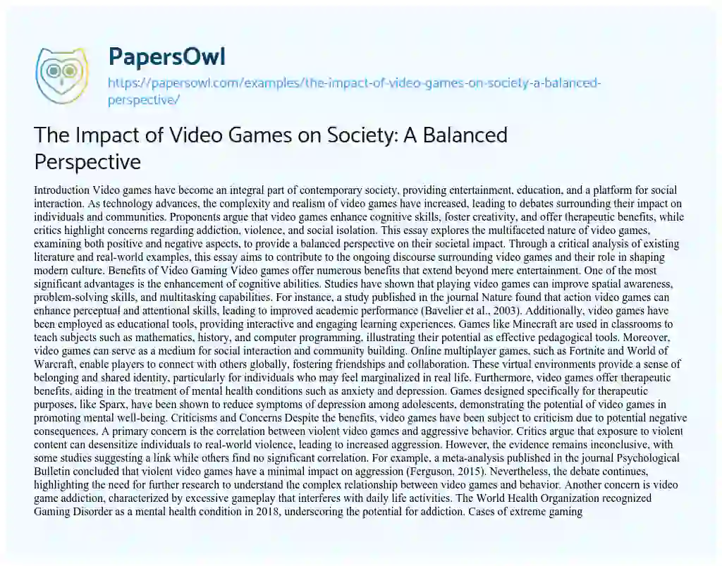 Essay on The Impact of Video Games on Society: A Balanced Perspective
