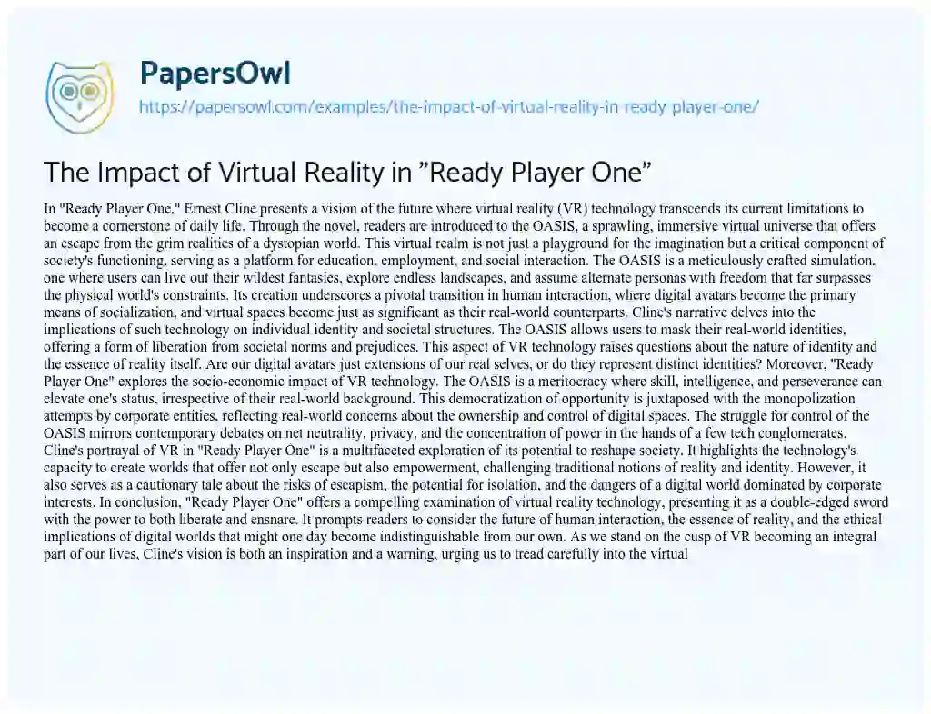 Essay on The Impact of Virtual Reality in “Ready Player One”