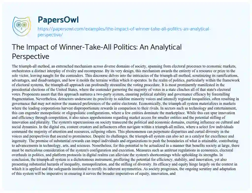 Essay on The Impact of Winner-Take-All Politics: an Analytical Perspective
