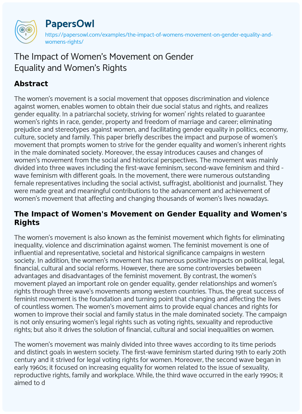 Essay on The Impact of Women’s Movement on Gender Equality and Women’s Rights