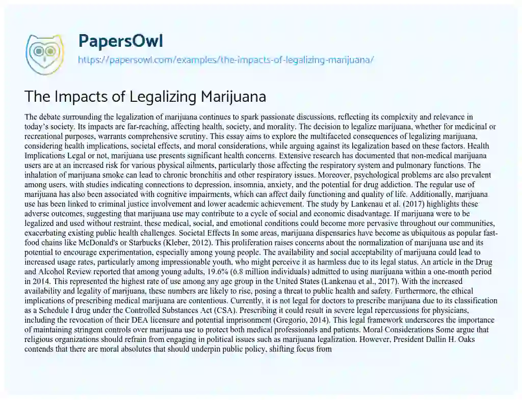 Essay on The Impacts of Legalizing Marijuana