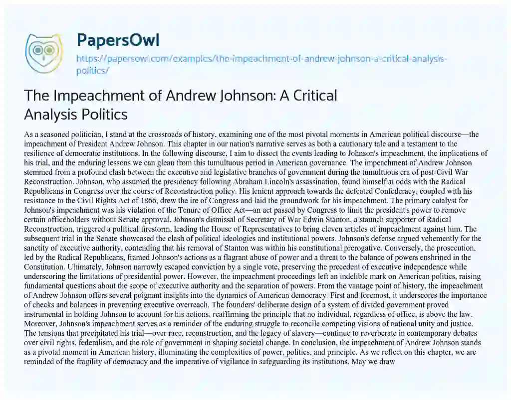 Essay on The Impeachment of Andrew Johnson: a Critical Analysis Politics