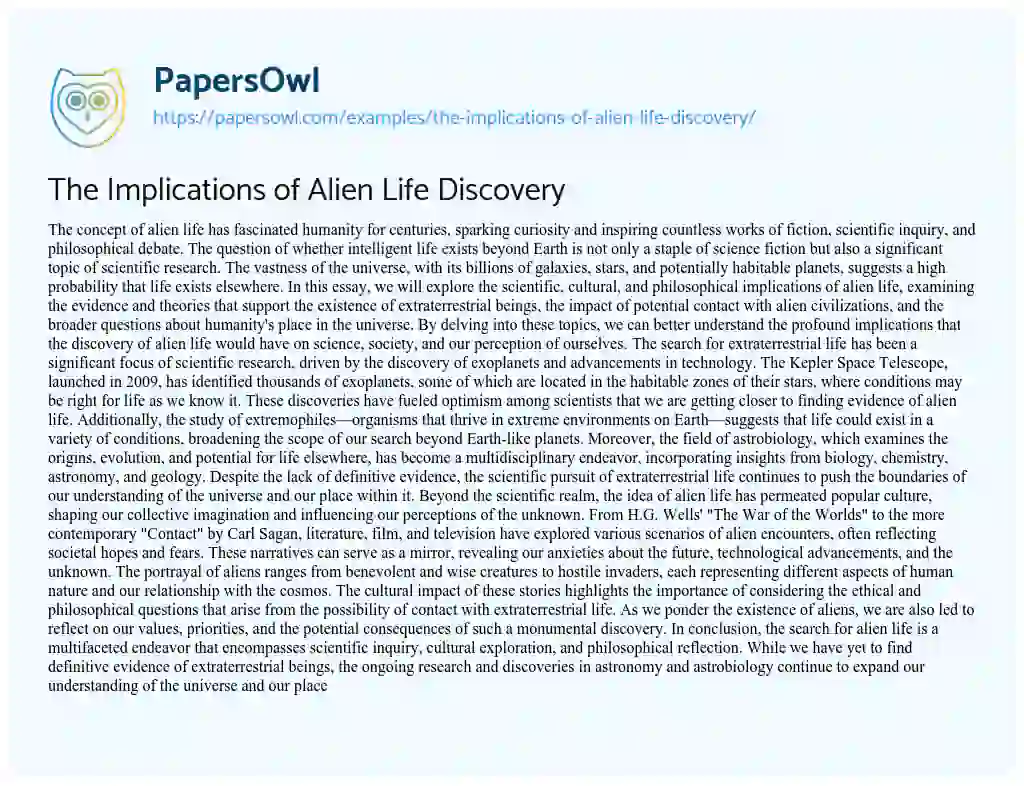 Essay on The Implications of Alien Life Discovery