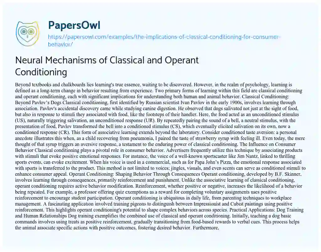 Essay on The Implications of Classical Conditioning for Consumer Behavior