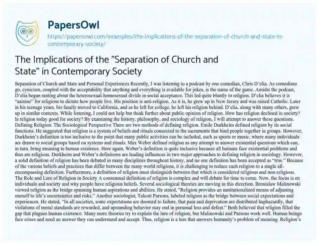 Essay on The Implications of the “Separation of Church and State” in Contemporary Society
