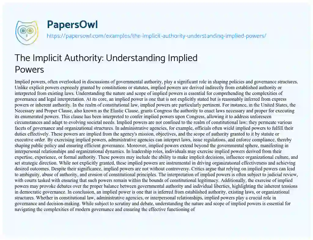 Essay on The Implicit Authority: Understanding Implied Powers