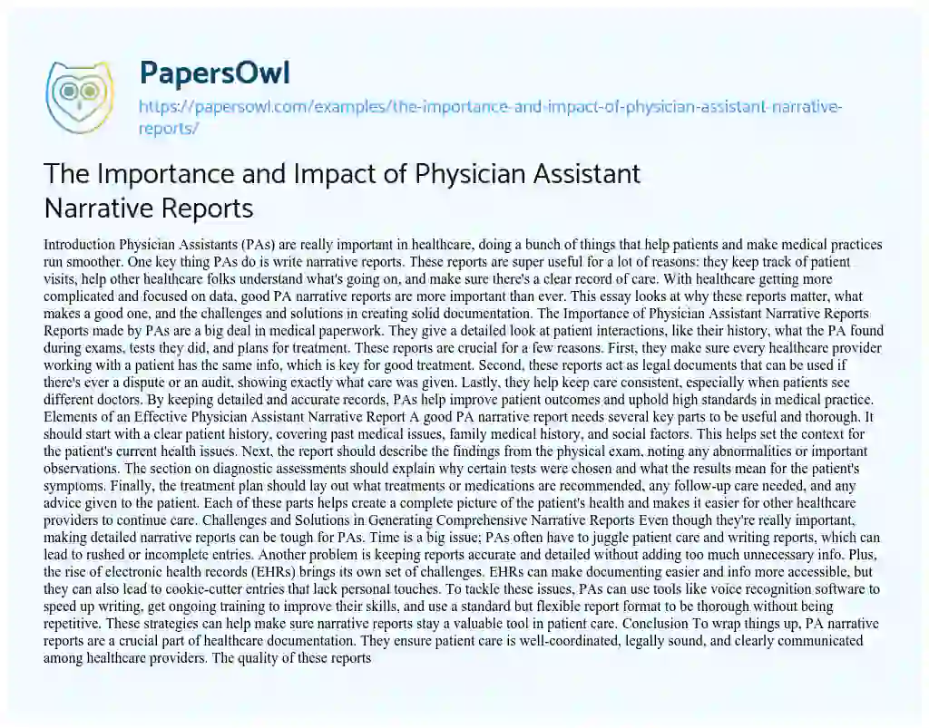 Essay on The Importance and Impact of Physician Assistant Narrative Reports