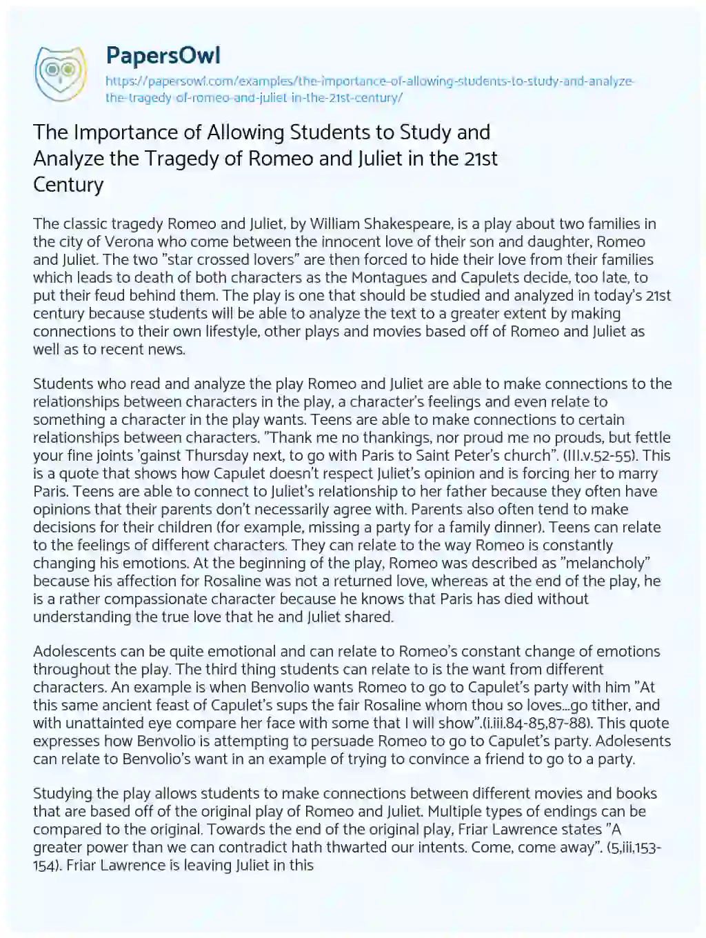 Essay on The Importance of Allowing Students to Study and Analyze the Tragedy of Romeo and Juliet in the 21st Century