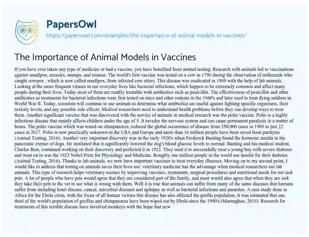 Essay on The Importance of Animal Models in Vaccines