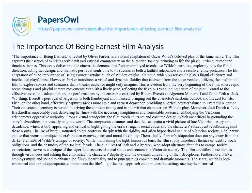 Essay on The Importance of being Earnest Film Analysis