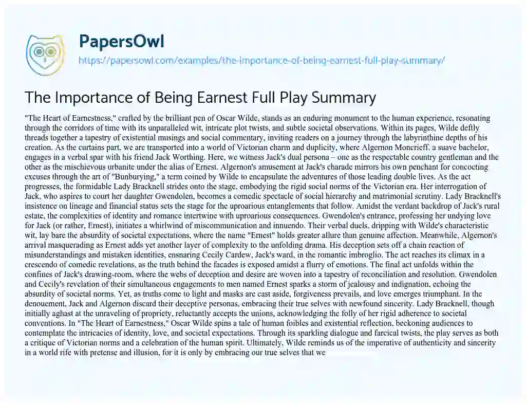 Essay on The Importance of being Earnest Full Play Summary