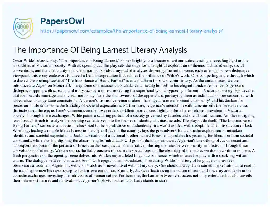 Essay on The Importance of being Earnest Literary Analysis
