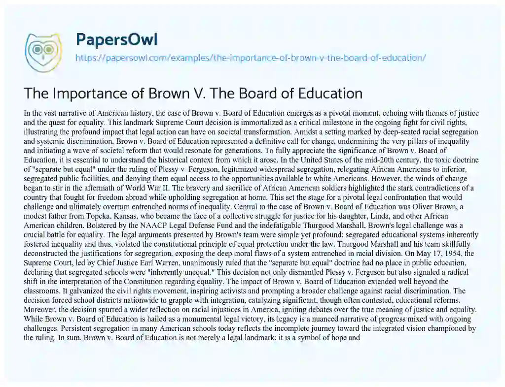 Essay on The Importance of Brown V. the Board of Education