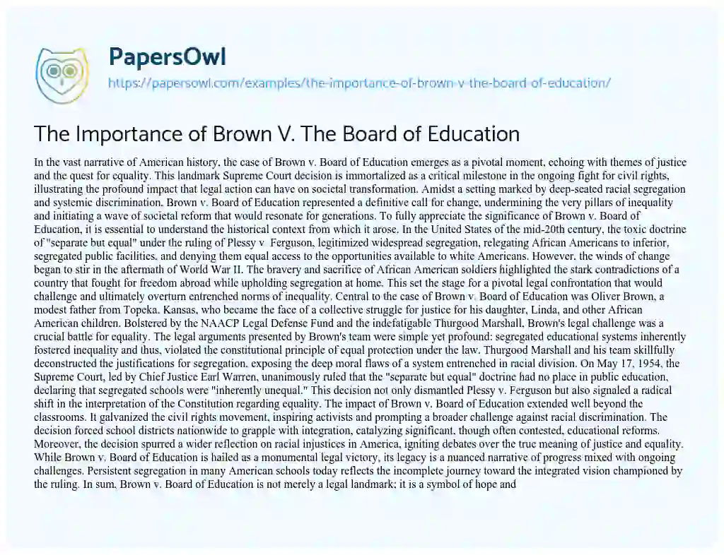 Essay on The Importance of Brown V. The Board of Education