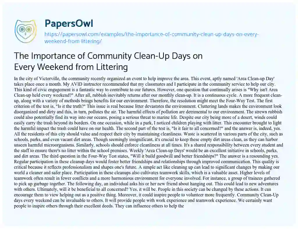 Essay on The Importance of Community Clean-Up Days on Every Weekend from Littering