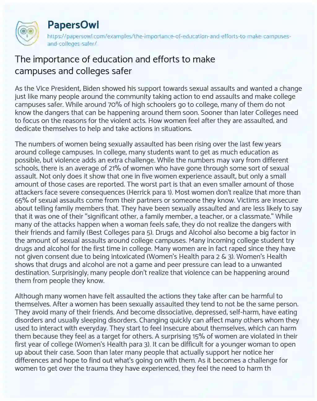 Essay on The Importance of Education and Efforts to Make Campuses and Colleges Safer