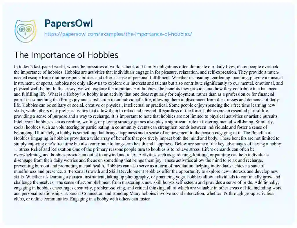 Essay on The Importance of Hobbies