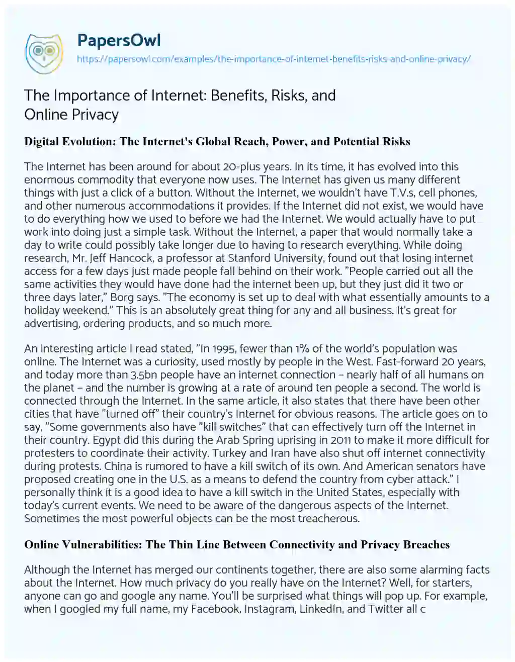 Essay on The Importance of Internet: Benefits, Risks, and Online Privacy