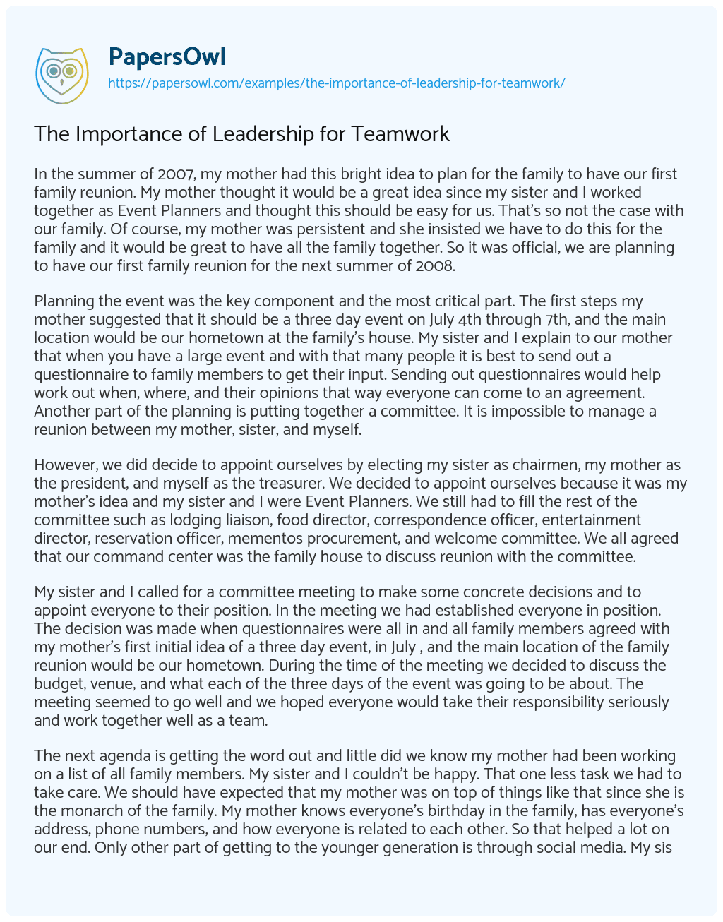 Essay on The Importance of Leadership for Teamwork