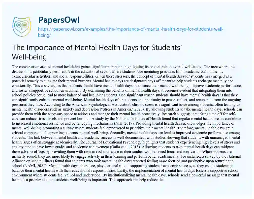 Essay on The Importance of Mental Health Days for Students’ Well-being