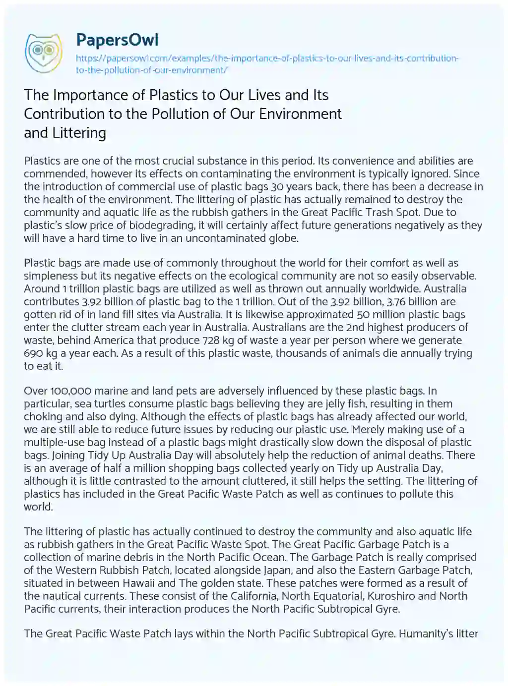 Essay on The Importance of Plastics to our Lives and its Contribution to the Pollution of our Environment and Littering