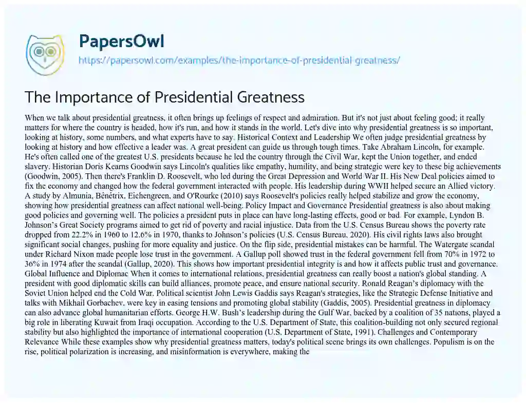 Essay on The Importance of Presidential Greatness