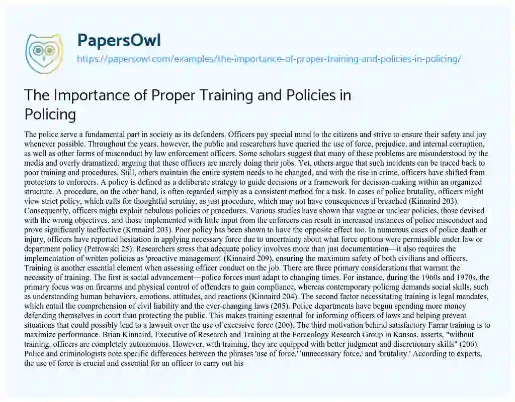 Essay on The Importance of Proper Training and Policies in Policing