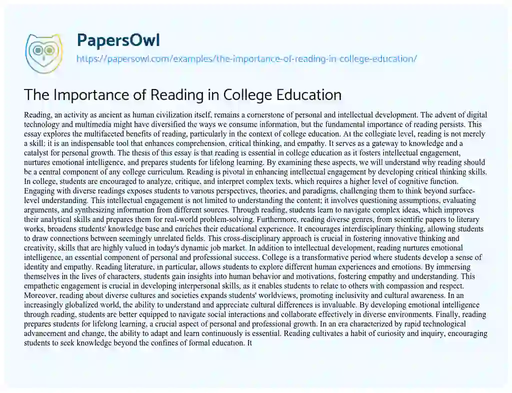 Essay on The Importance of Reading in College Education